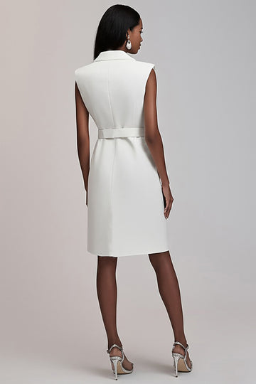 A Line Ivory V-Neck Midi Dress with Belt